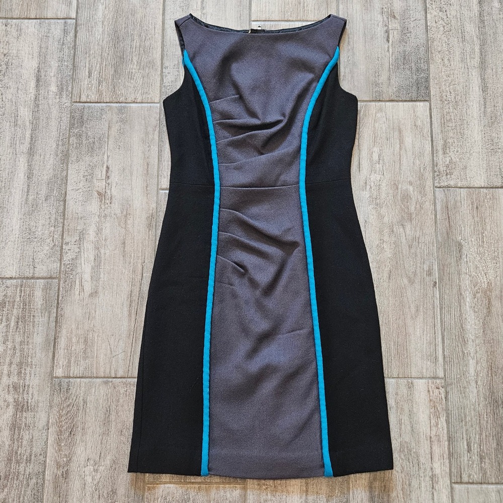 Milly Sheath Dress Size 6 100% Wool Colorblock Ruched Sleeveless Mod Career Chic